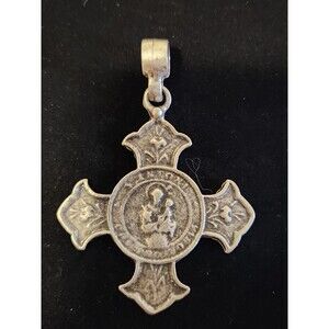 Madonna & Child Cross Pendant Silver Tone Religious Medallion Large Bail 2.5"